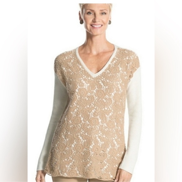 5 for 25 Chico’s Ivory Beautiful Crochet V Neck Cotton Sweater size S - Picture 1 of 5